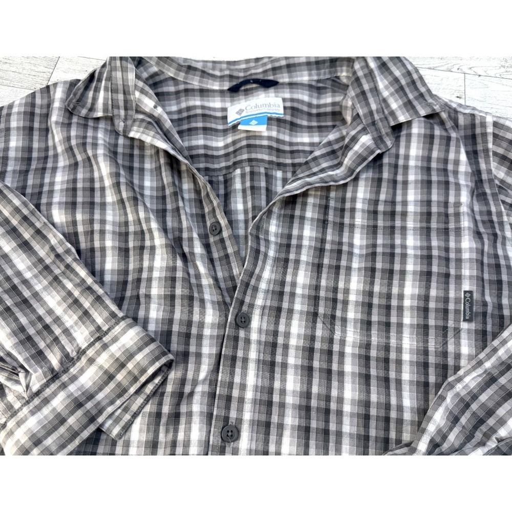 Columbia‎ Mens Button Up Shirt Gray Plaid Long Sleeve Pocket Cotton Blend LARGE